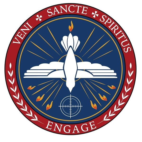 Emblem featuring a dove and flames with Latin text.