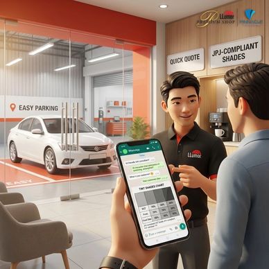 Reception with easy parking, WhatsApp quick quote, and JPJ-compliant tint shade guidance.