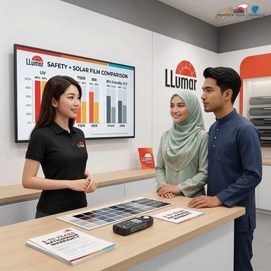 LLumar consultant explaining safety and solar window film options to a young couple.