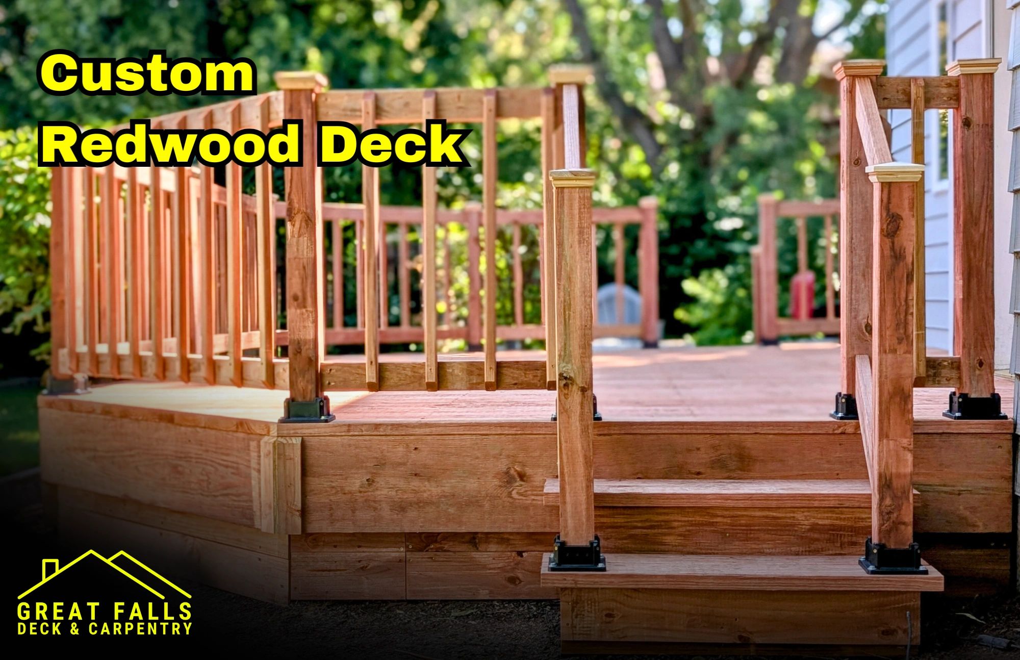 Redwood wood deck with railing built in Great Falls, Montana