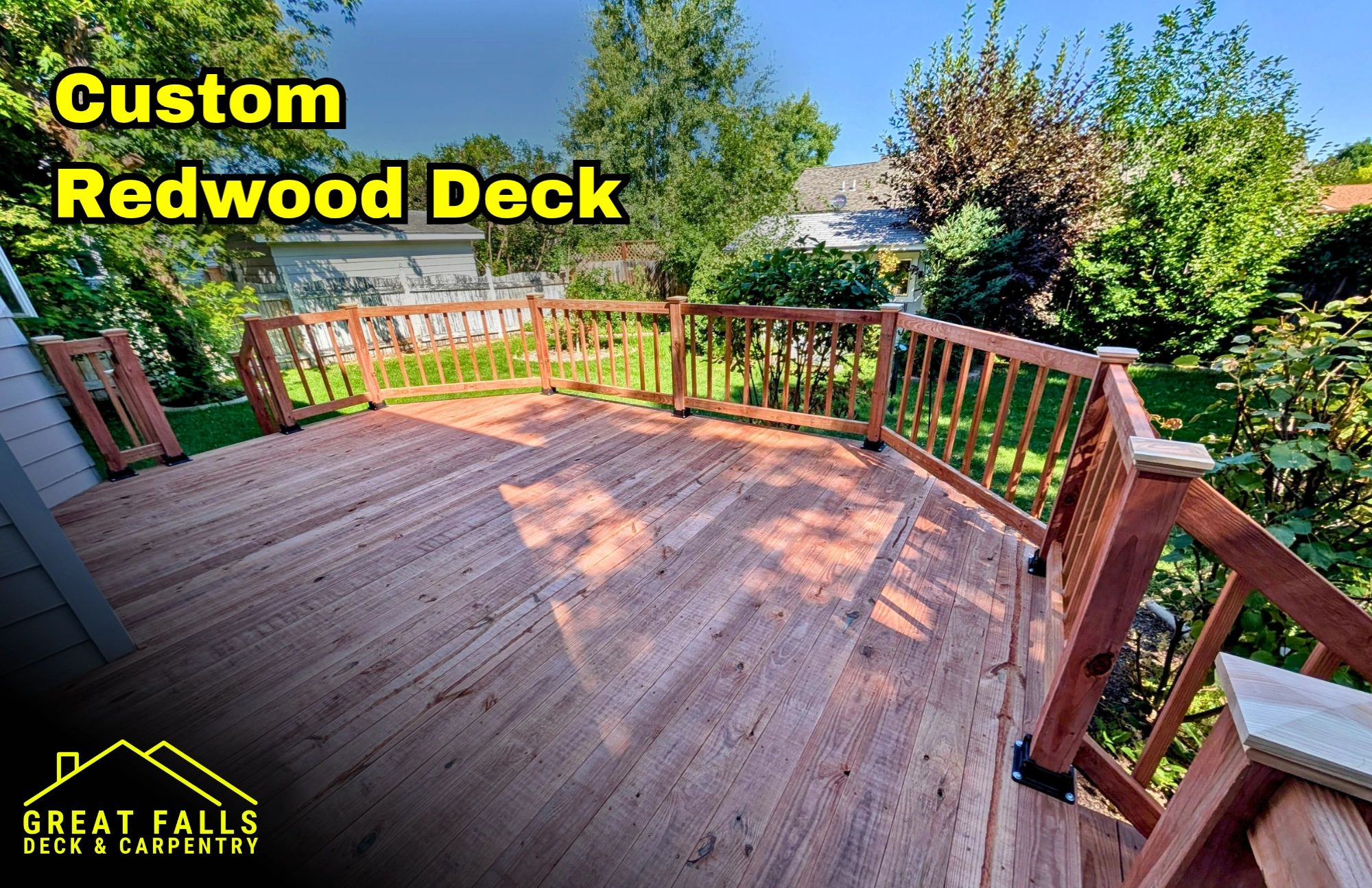 Large backyard redwood deck built in Great Falls, MT