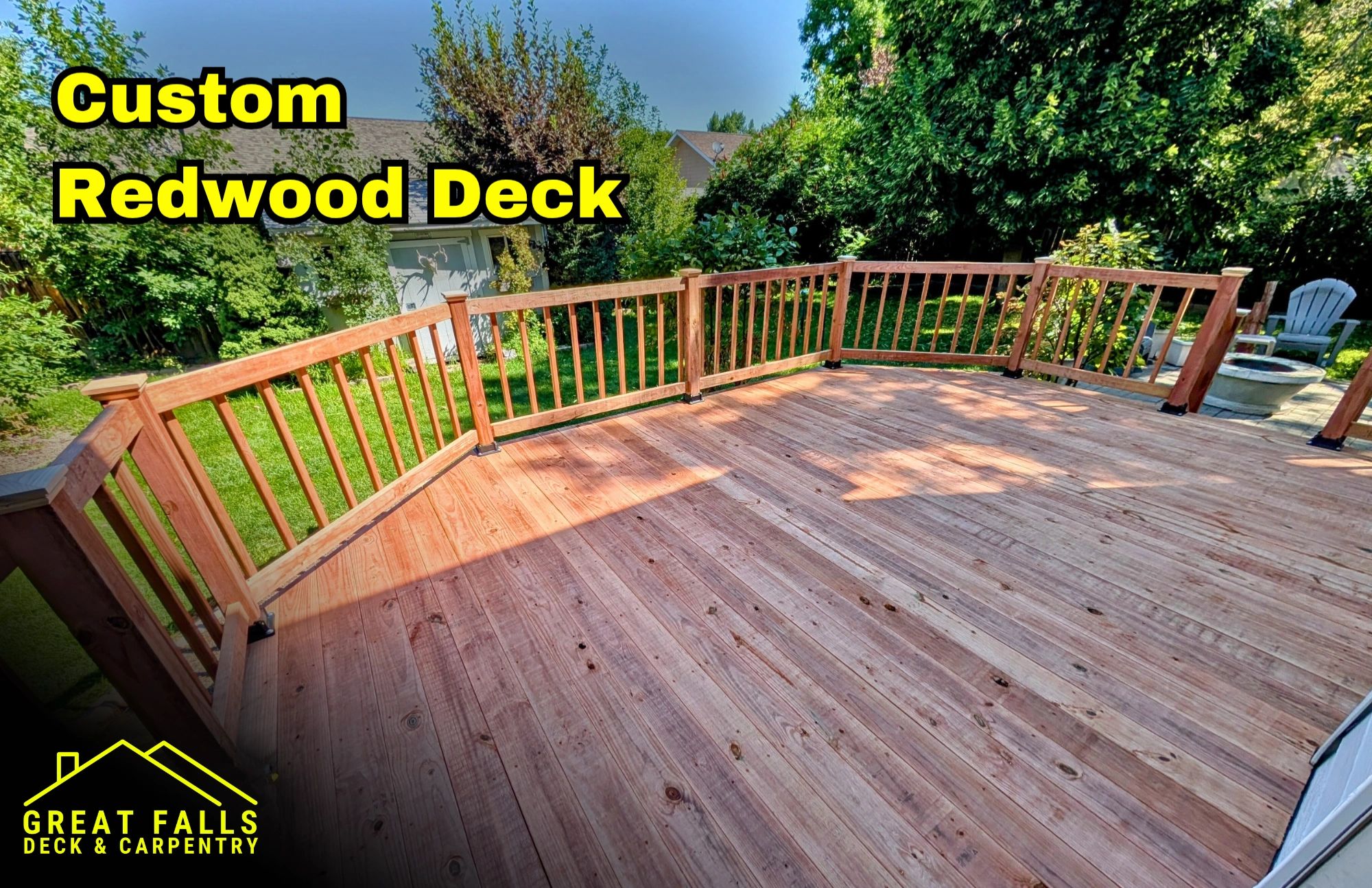 Elevated redwood deck with railing in Great Falls, Montana
