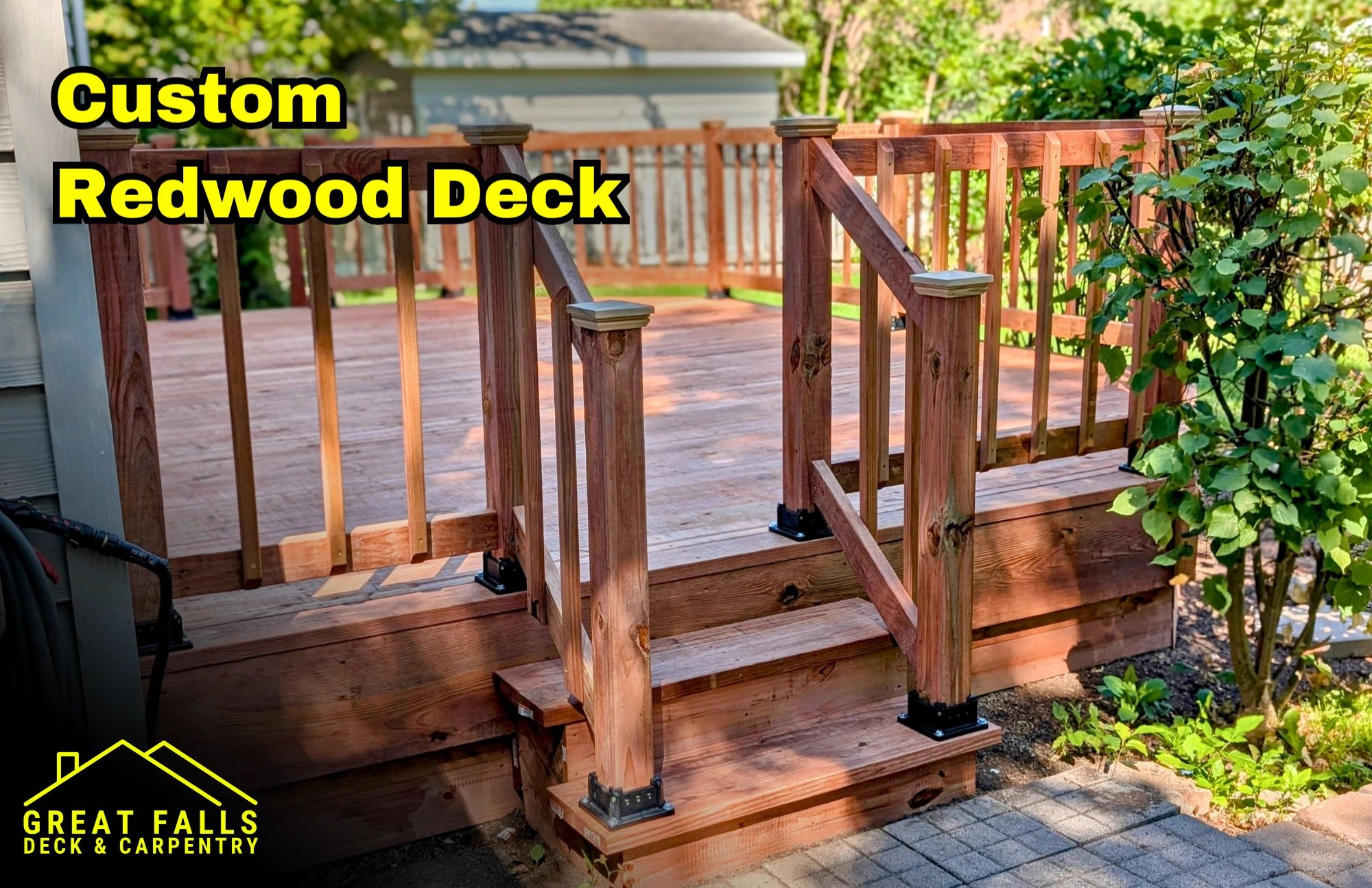 Custom wood deck with redwood finish in Great Falls, MT