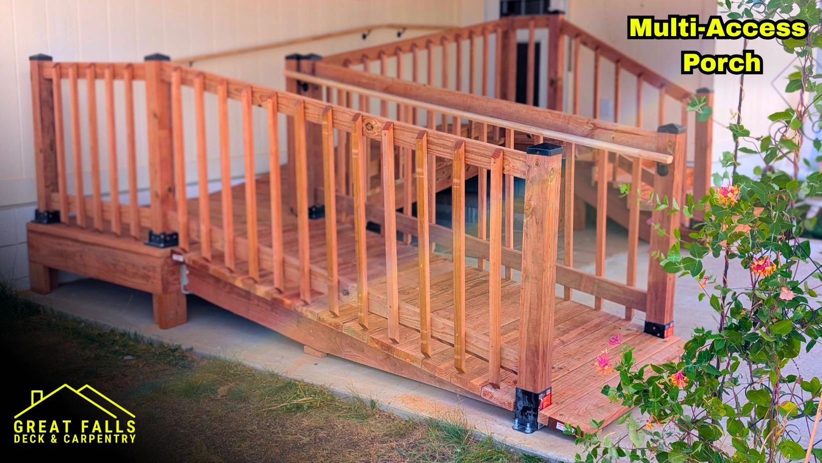 Custom wood porch with stairs and railing in Great Falls, MT