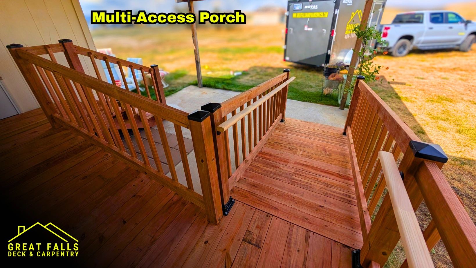 Wood deck porch with multiple access points in Great Falls, Montana