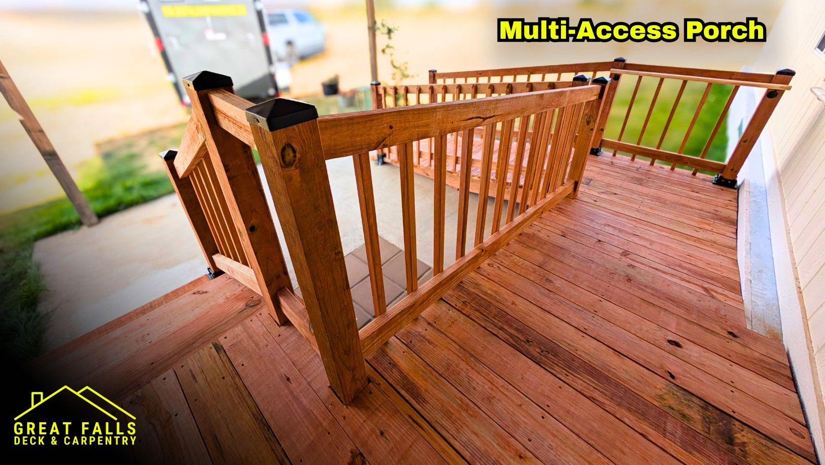 Front porch with stairs and contractor truck in Great Falls, MT