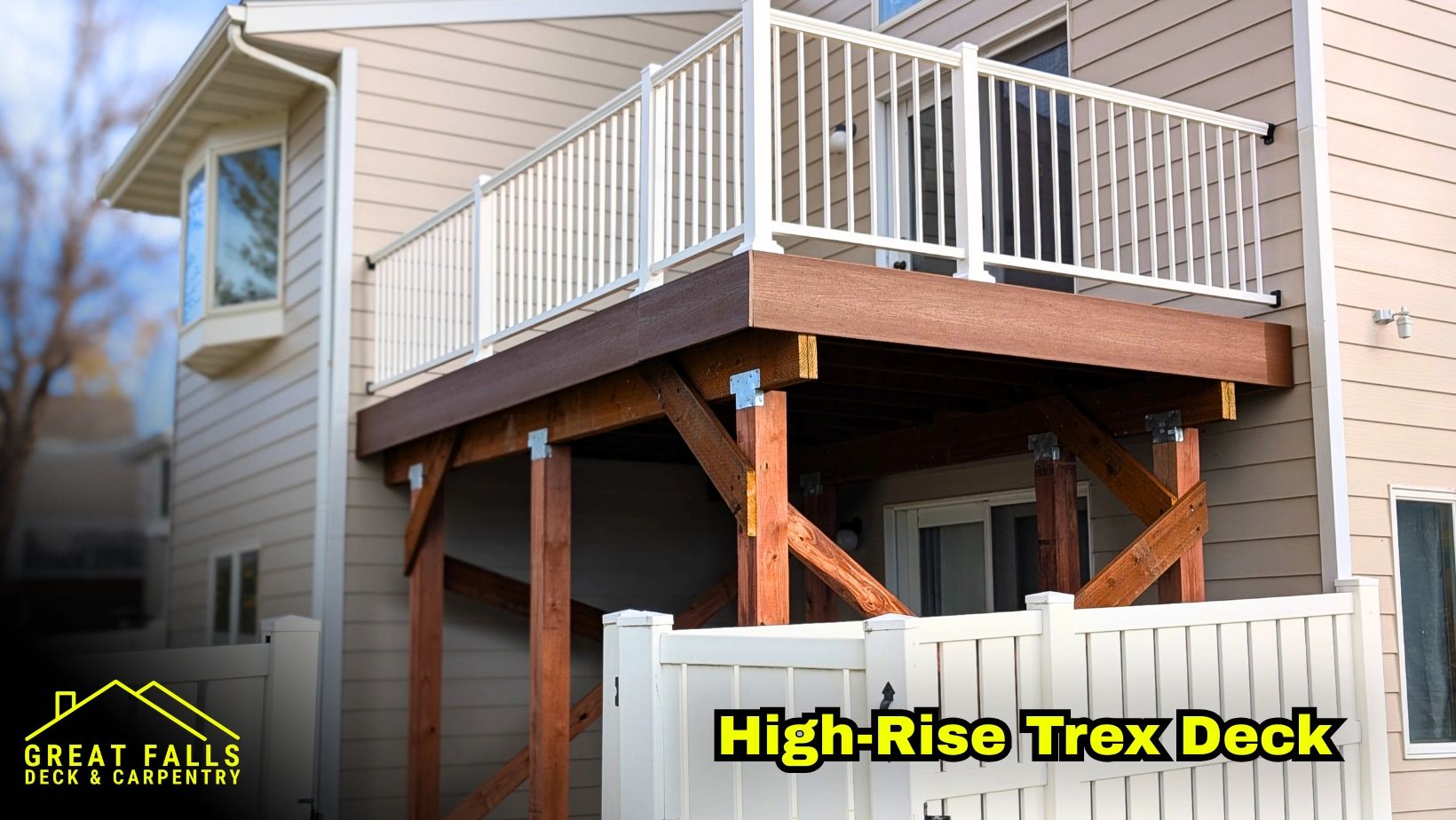 Low angle view of Trex decking with white railing in Great Falls, MT
