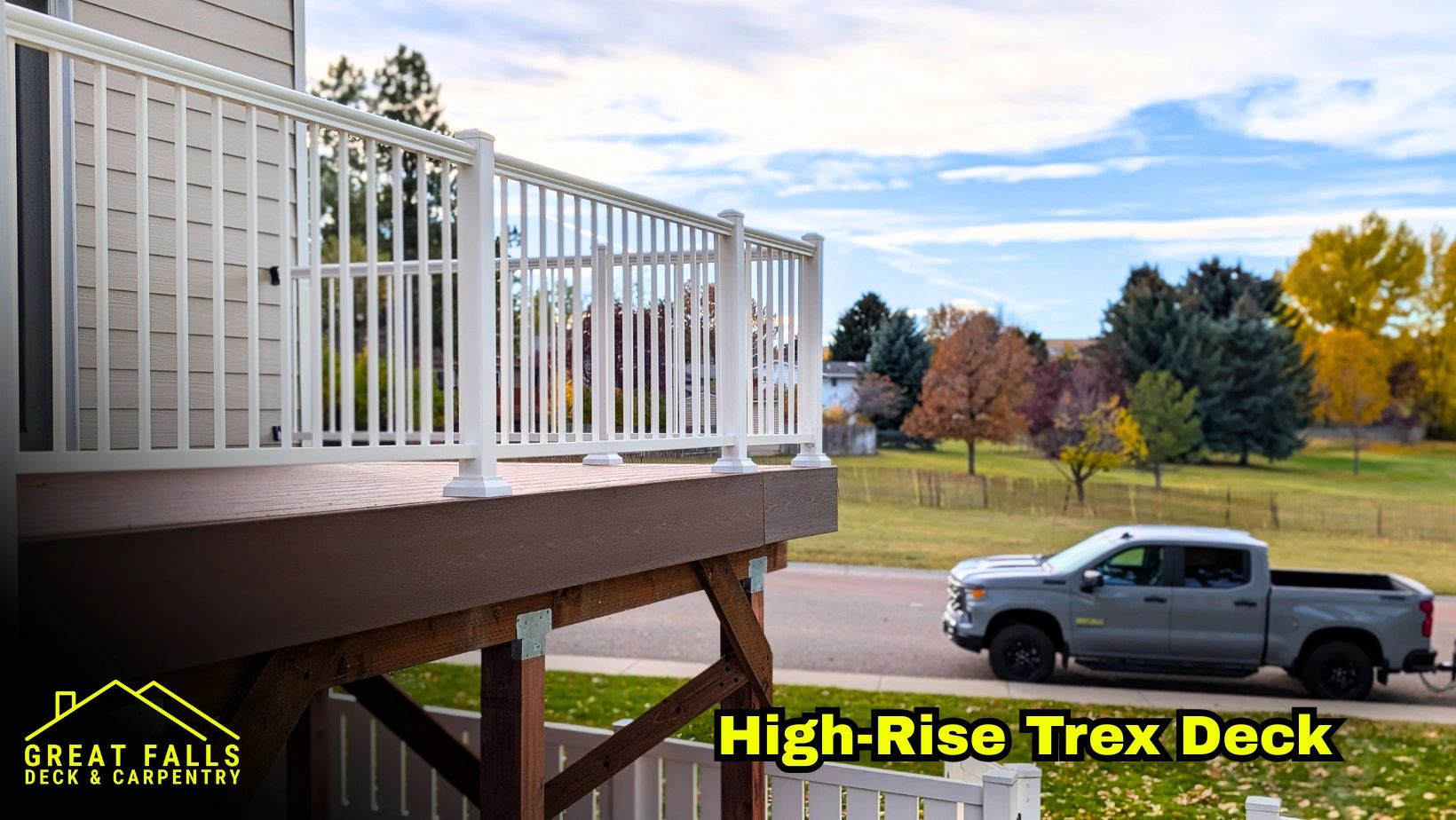Trex deck boards with white railing built in Great Falls, MT