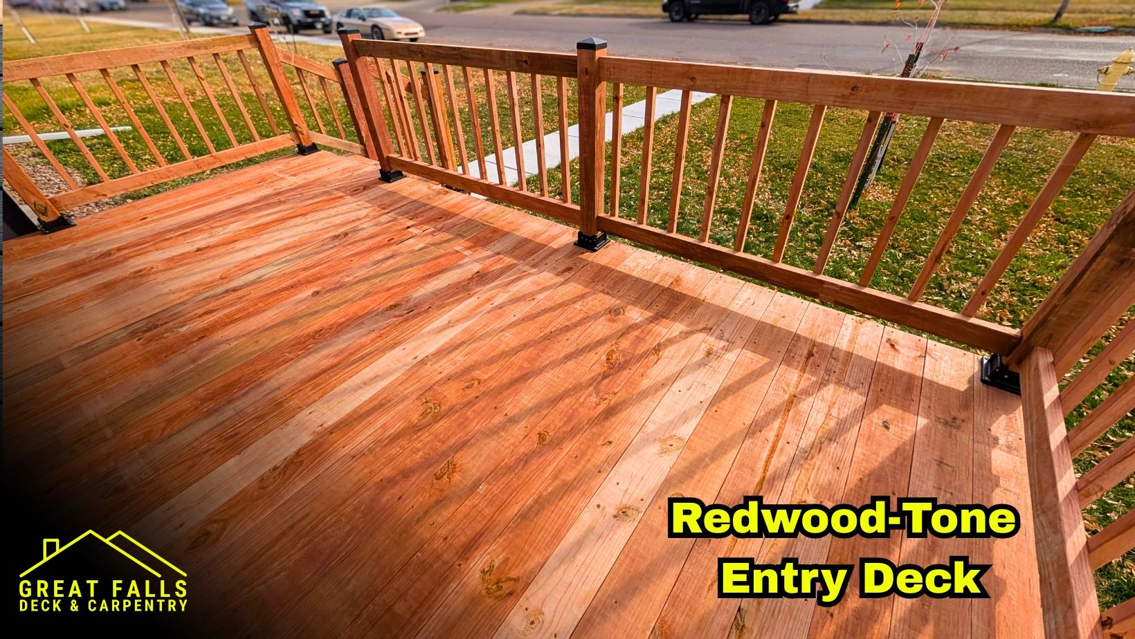 Front entry wood deck with redwood tone in Great Falls, Montana