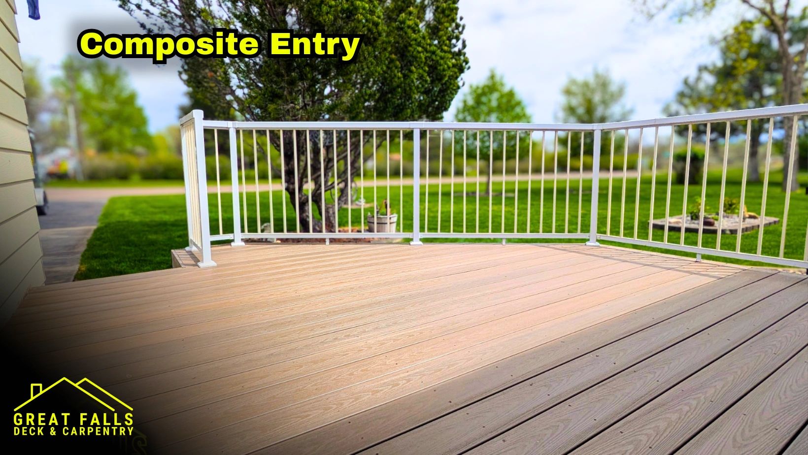 Composite porch deck with white railing in Great Falls, MT
