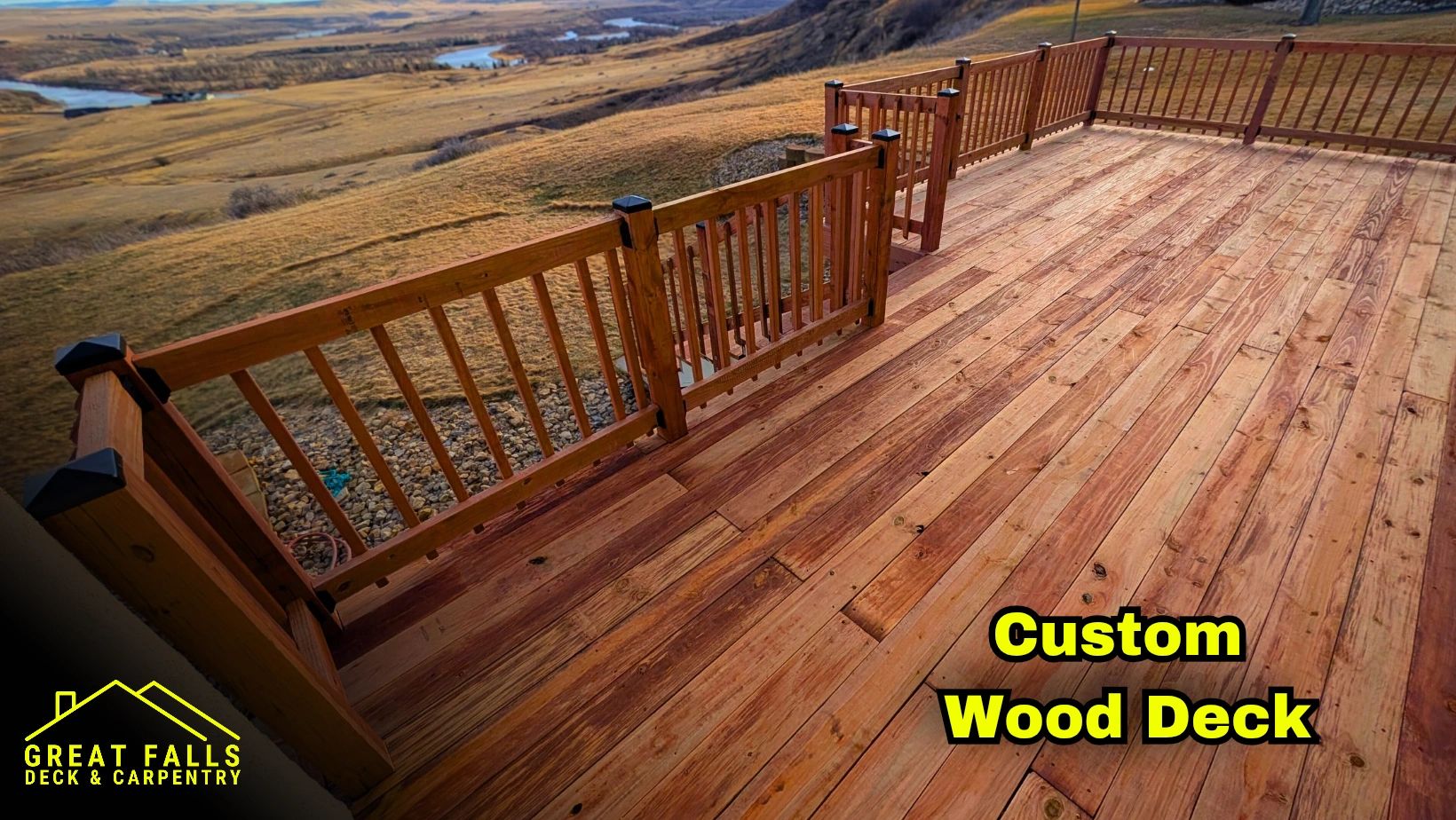 Elevated wood deck with railing and stairs built in Great Falls, MT