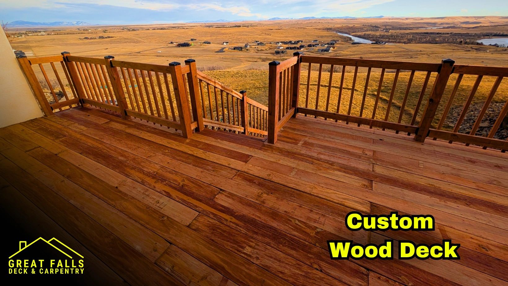 Custom wood deck with stairs and railing in Great Falls, Montana