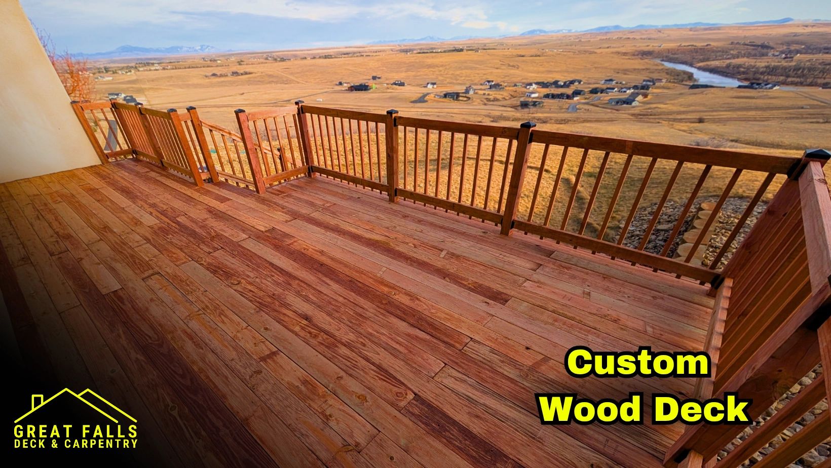 Backyard wood deck with scenic Montana views in Great Falls