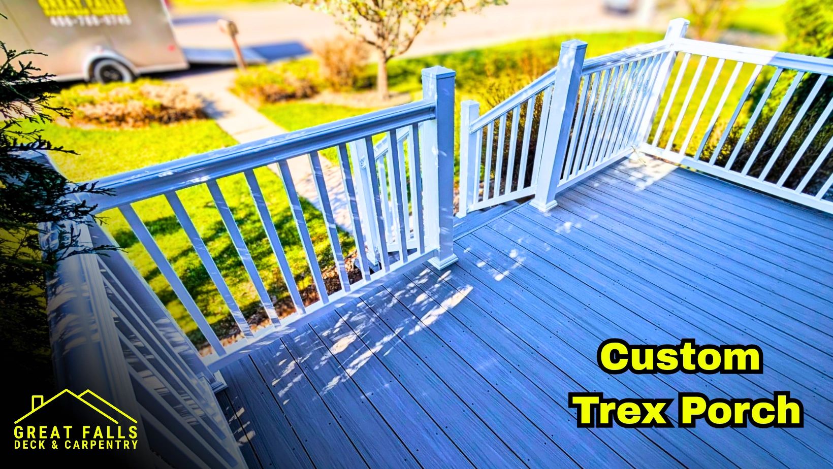 Custom composite porch with white railing in Great Falls, MT