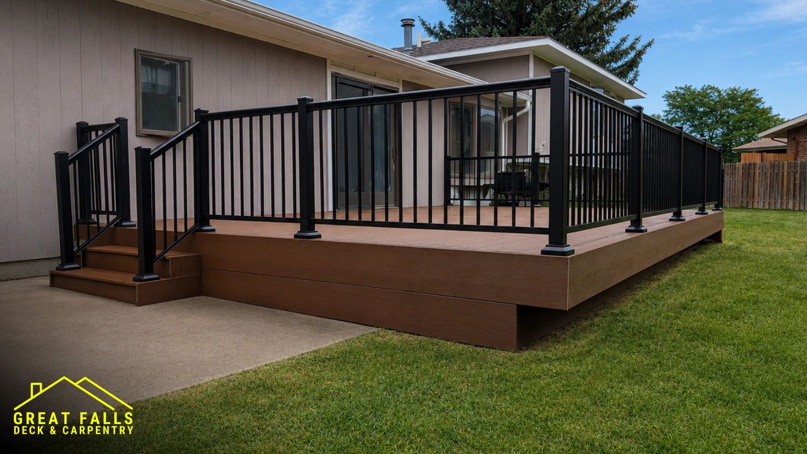 Low-maintenance composite deck installation featuring premium decking and aluminum railings.