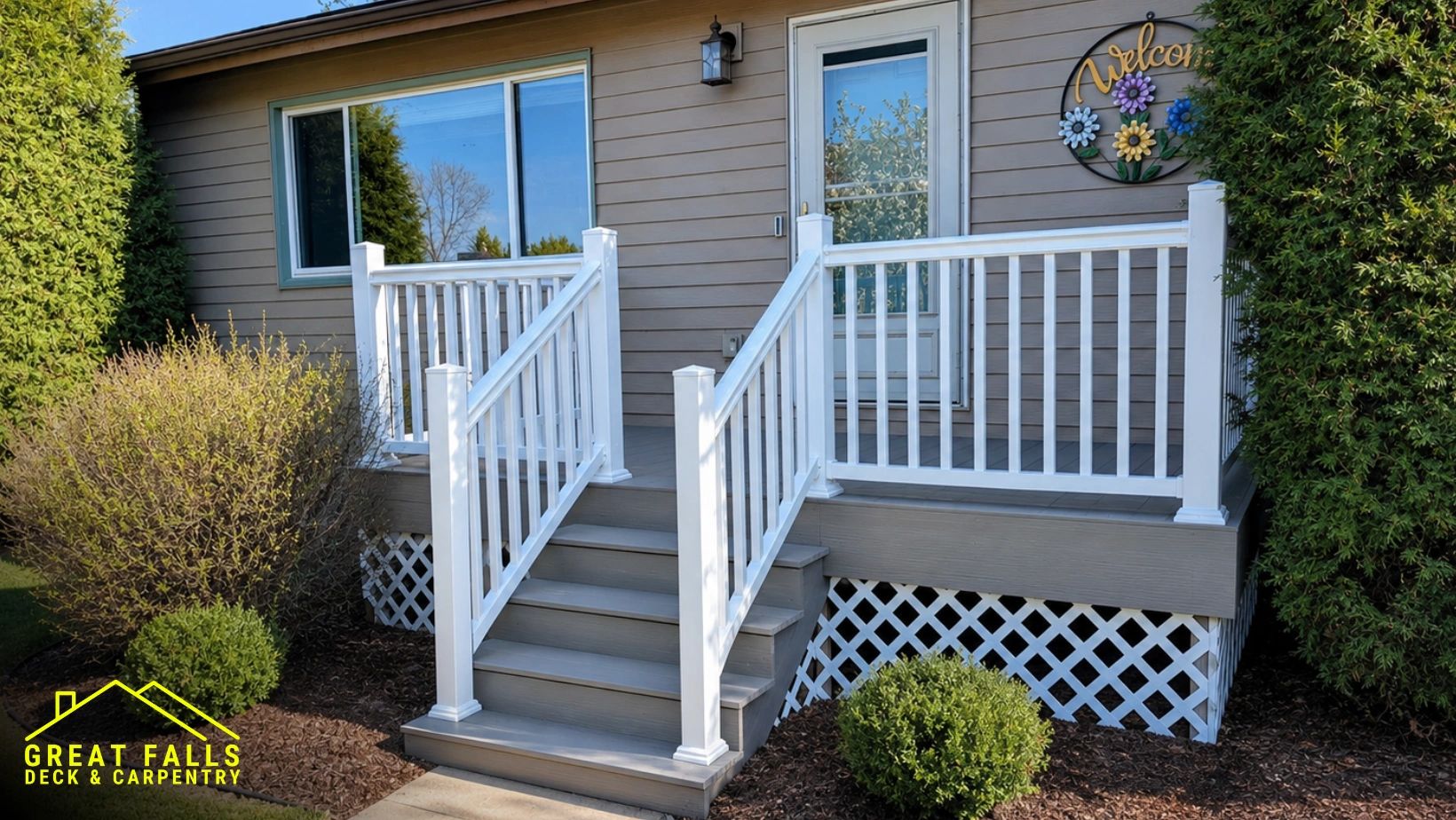 Newly built porch deck with white railing and steps.
