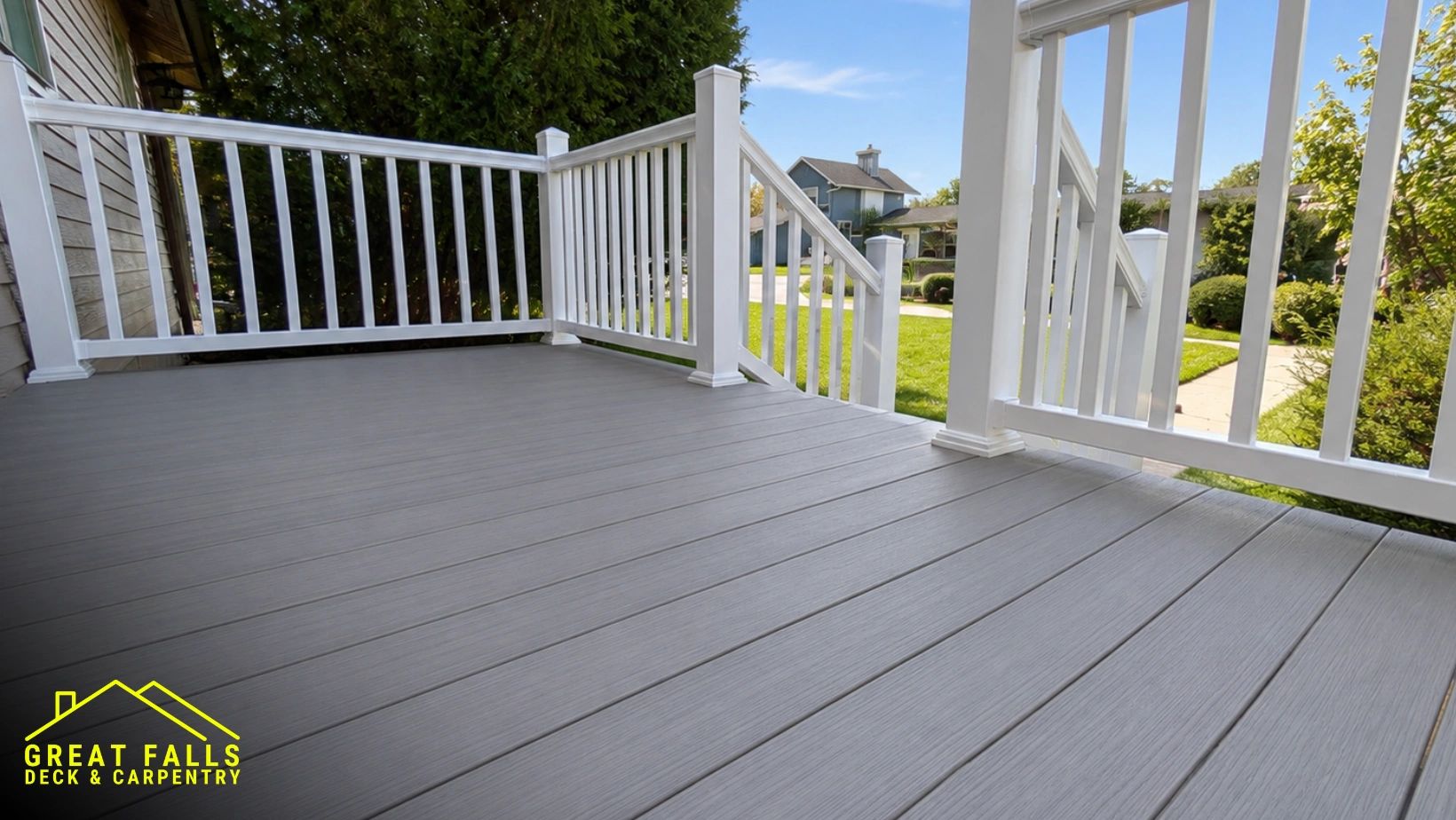 Newly constructed gray deck with white railing on a sunny day.