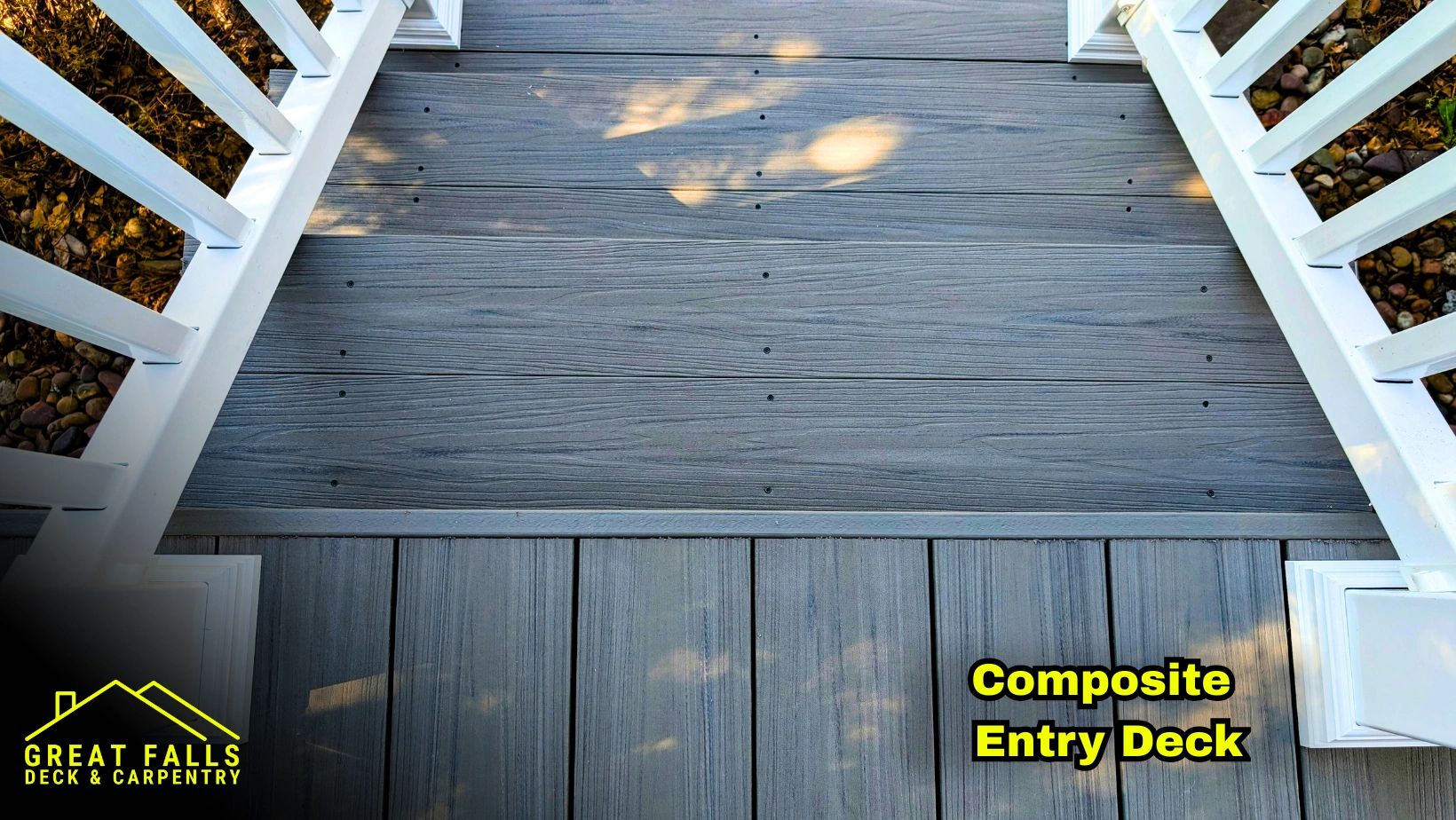 Composite porch with stairs and white railing in Great Falls, MT