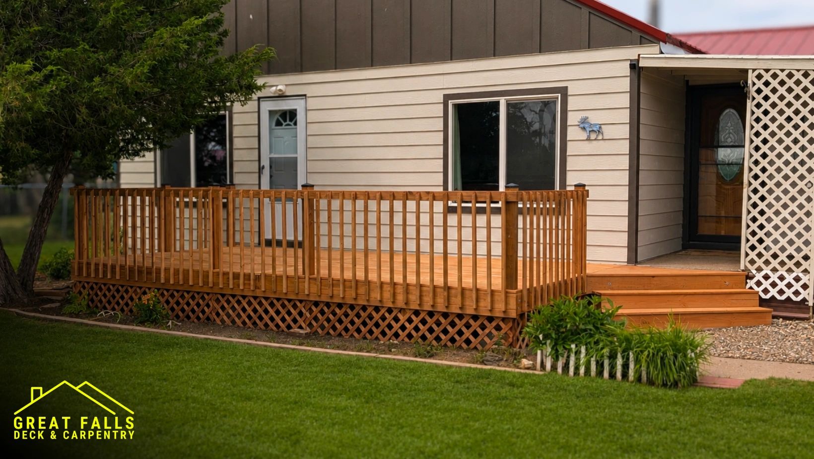 Wooden deck attached to a house with a green lawn.