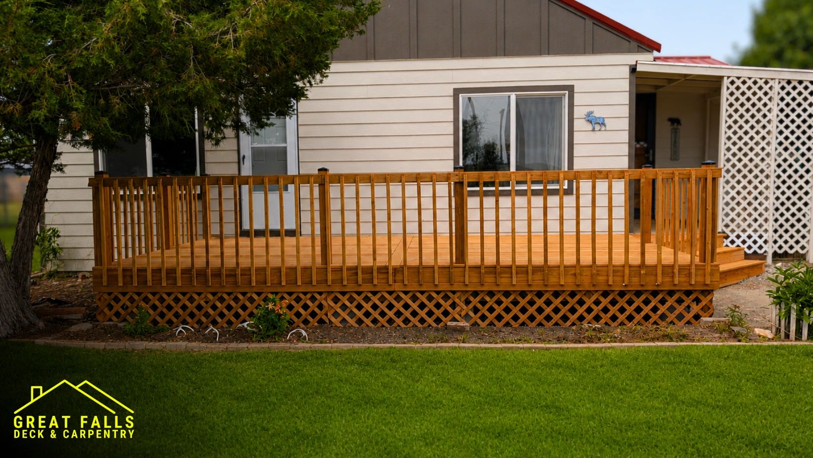 New wooden deck with railing on a house.