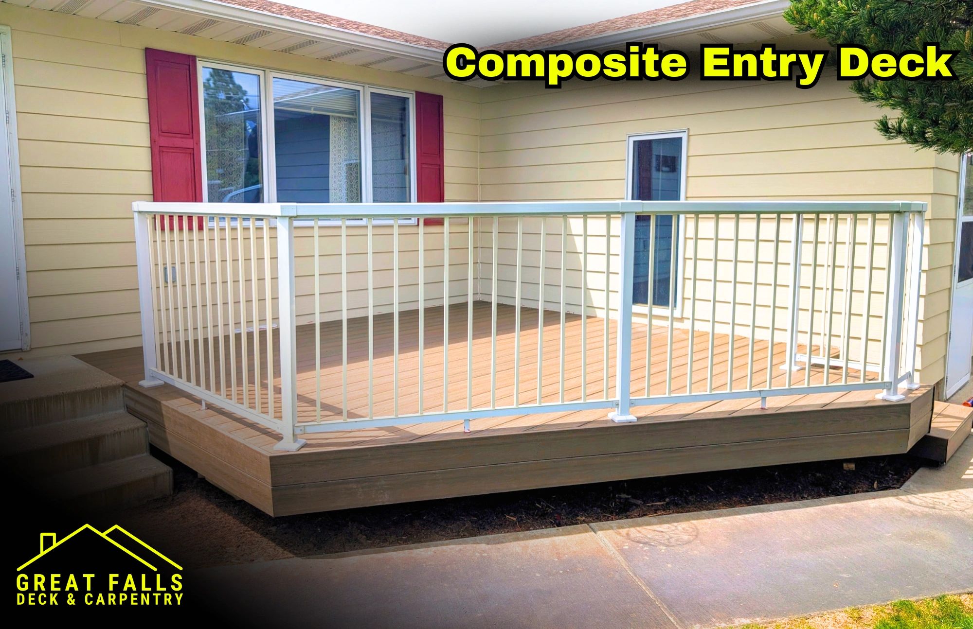 Front entry composite deck with white railing in Great Falls, MT