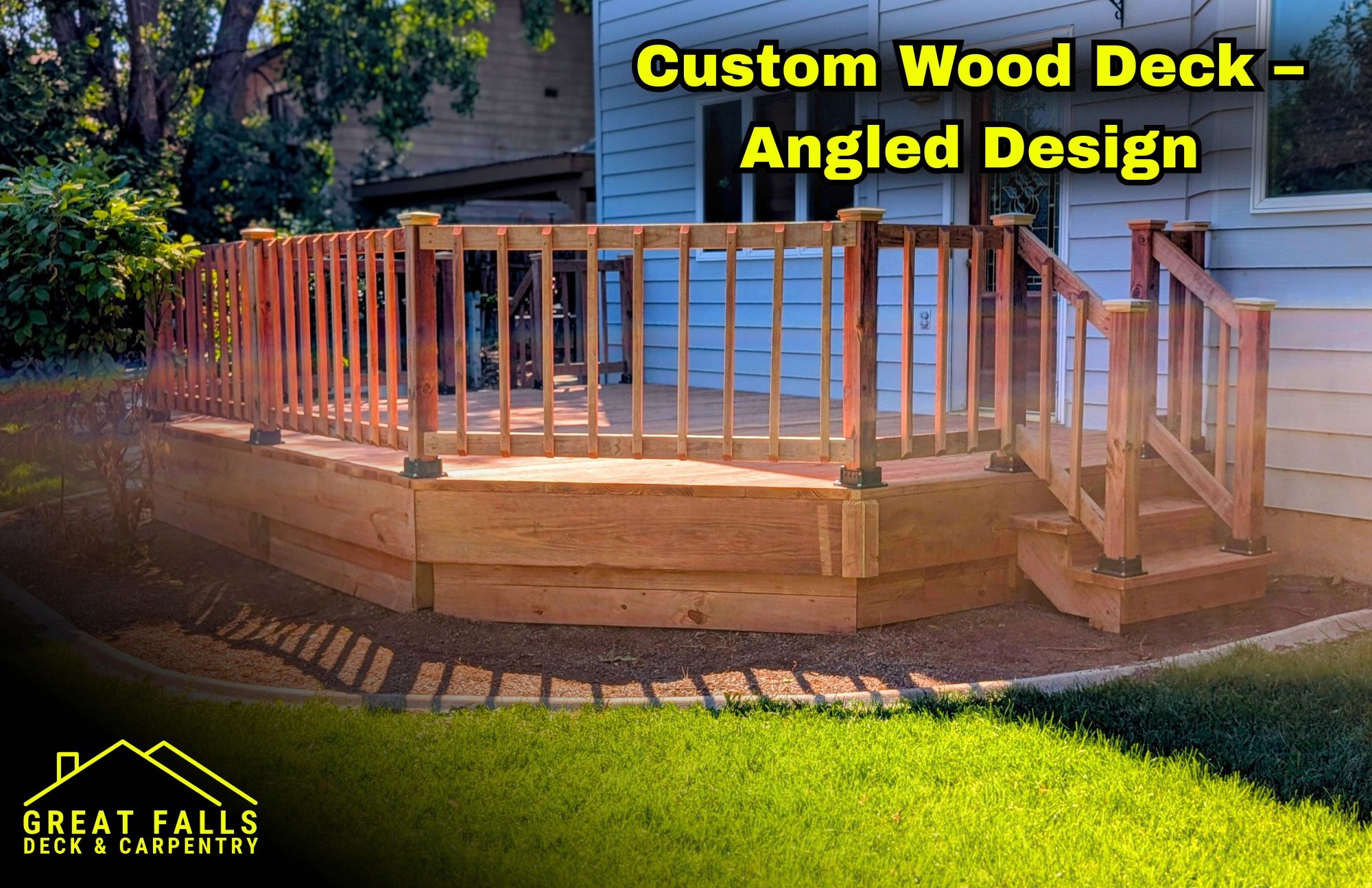 Backyard redwood deck with wood railing in Great Falls, MT