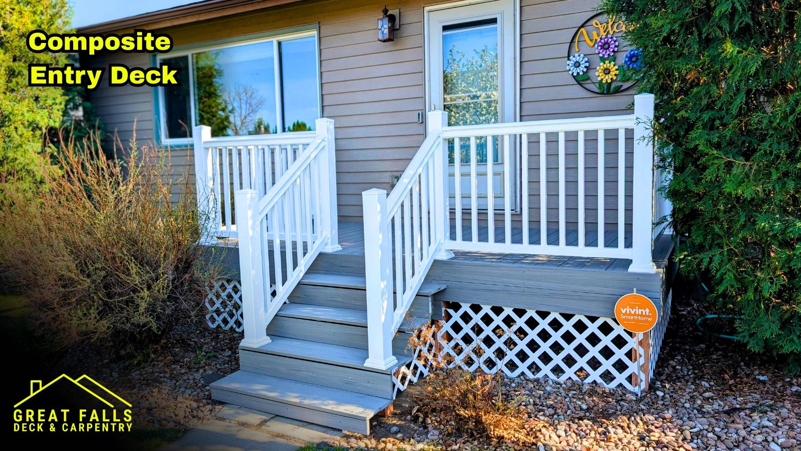 Trex deck porch with white railing in Great Falls, Montana