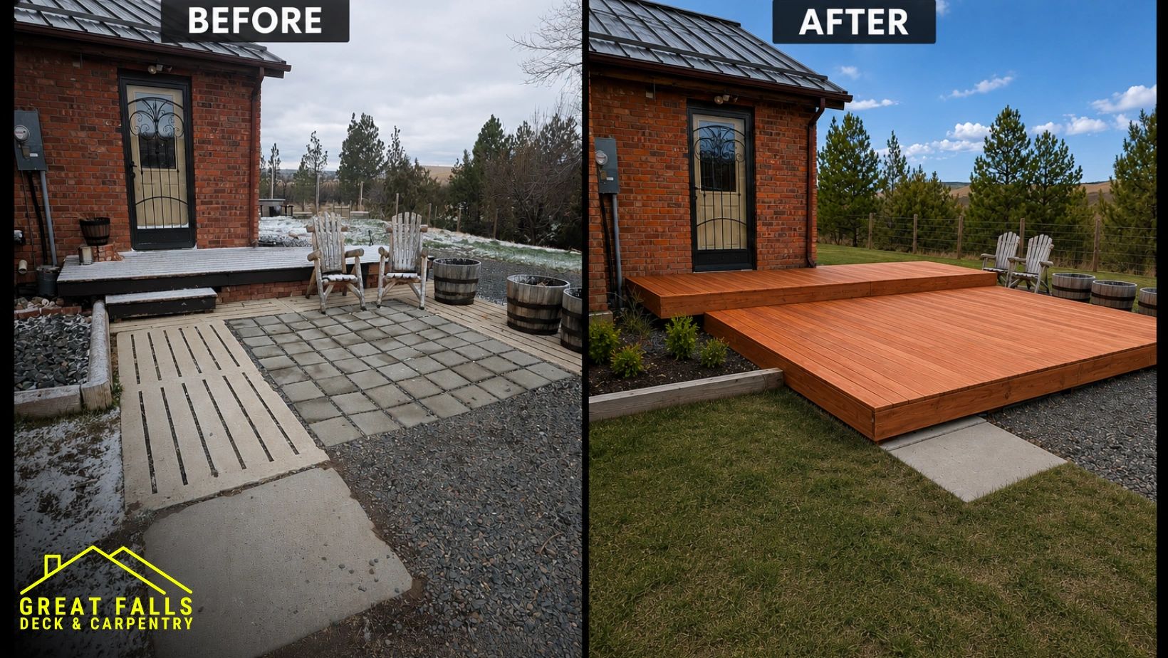 Backyard deck transformation from old concrete to new wooden deck.