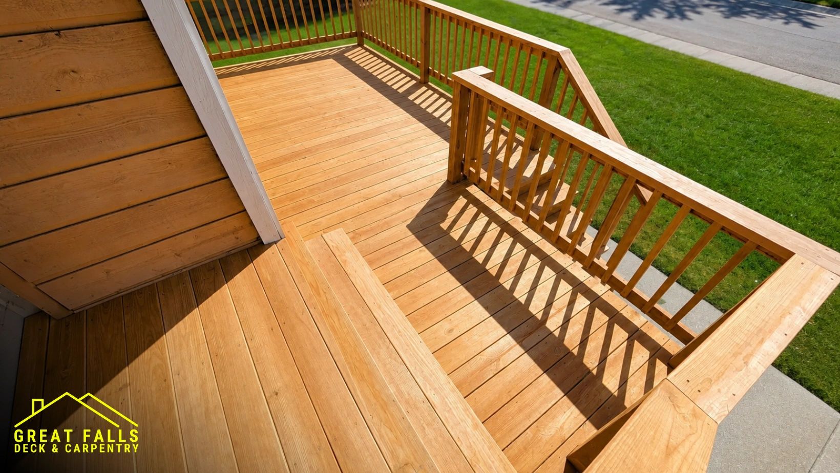 Newly built wooden deck with railings and stairs.