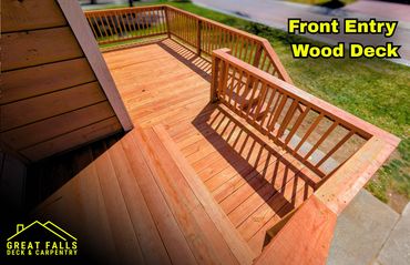 Front entry wood deck with stairs and railing in Great Falls, Montana