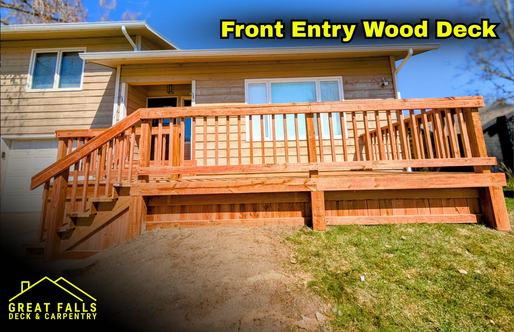 Custom wood front porch deck with stairs in Great Falls, MT