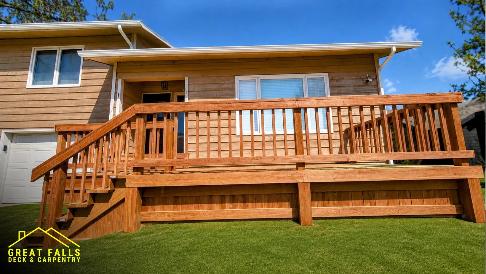 Custom wood front porch deck with stairs in Great Falls, MT