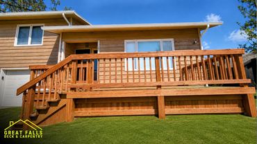Front entry wood deck with stairs and railing in Great Falls, Montana