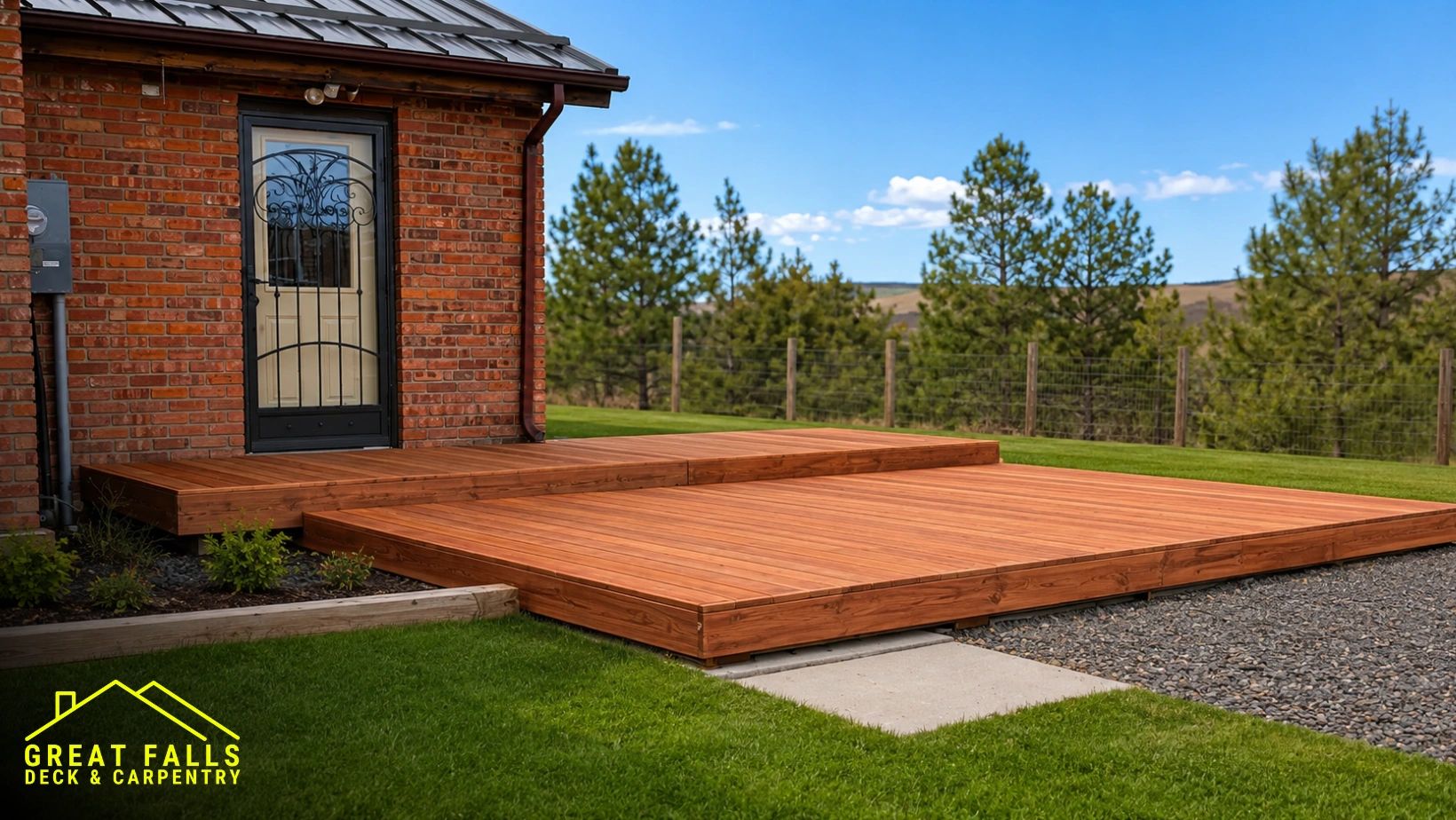 Custom wood ground-level deck built by Great Falls Deck & Carpentry in Great Falls, Montana featuri