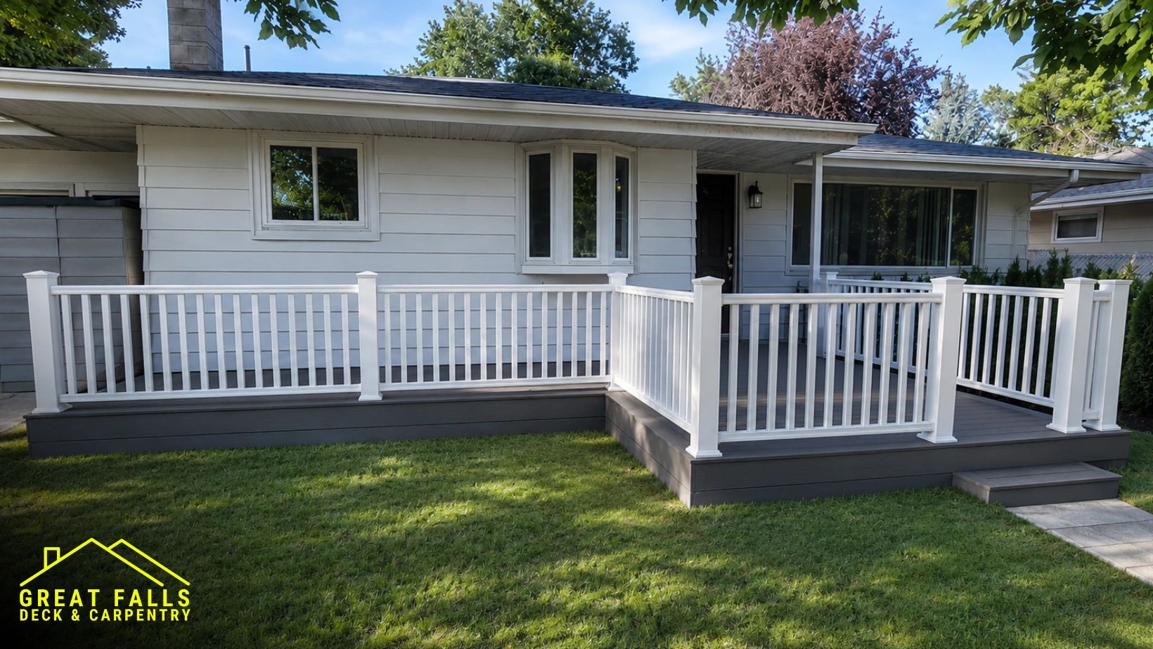 A modern gray deck with white railings attached to a house.
