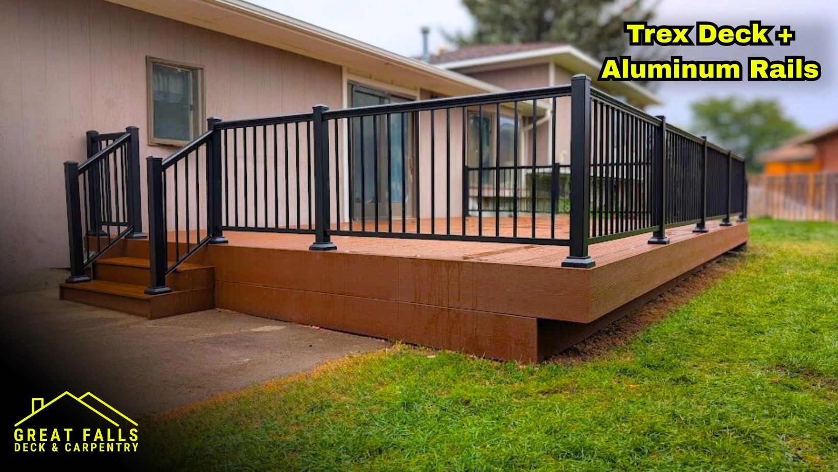 Trex composite deck with black railing built in Great Falls, Montana