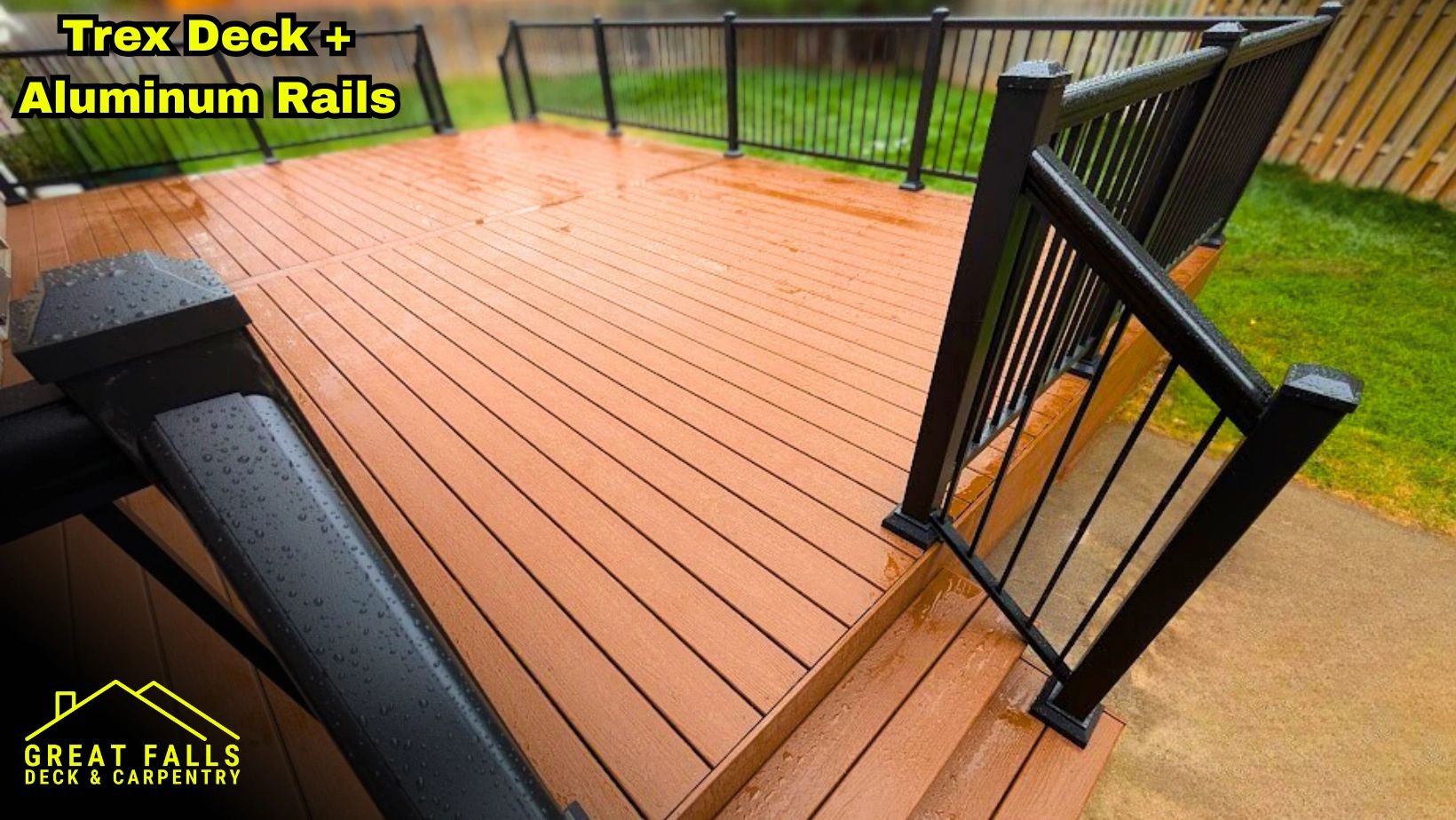 Side view of Trex deck with black aluminum railing in Great Falls