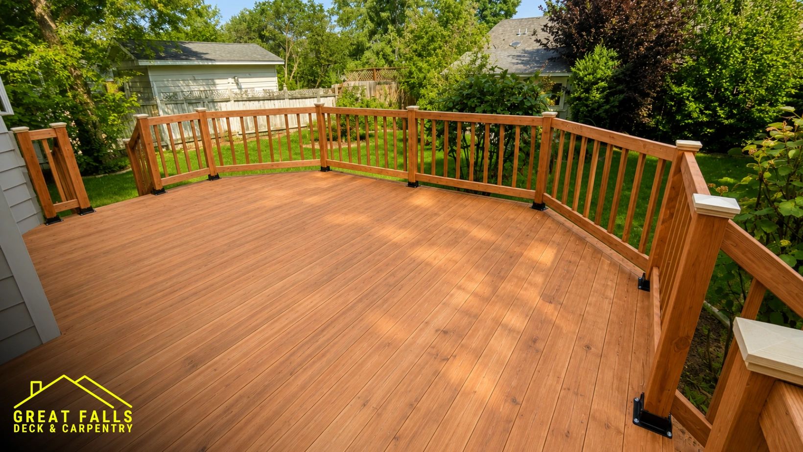 Newly built wooden deck with railings in a backyard.
