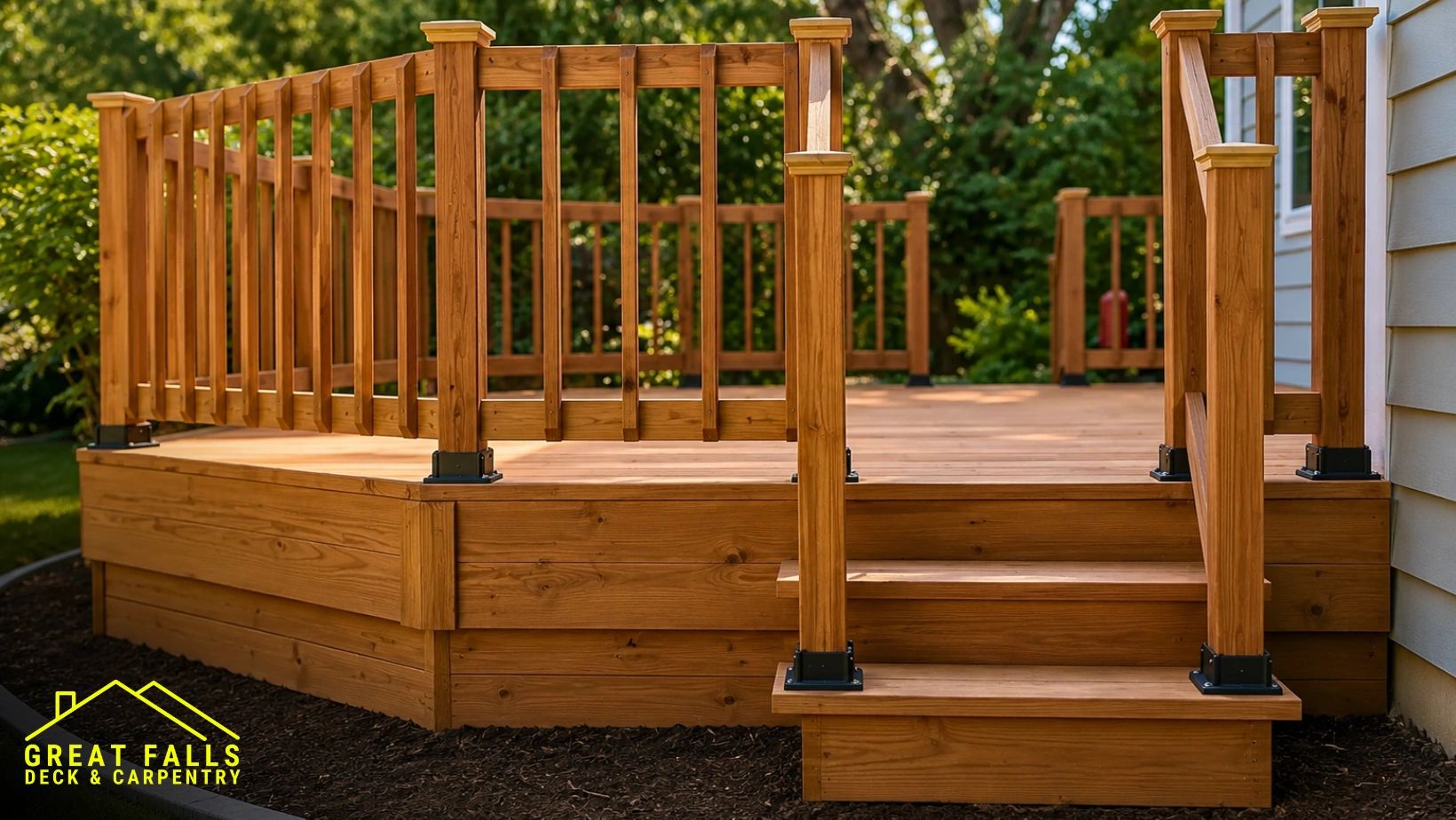 Newly built wooden deck with sturdy railings and steps.