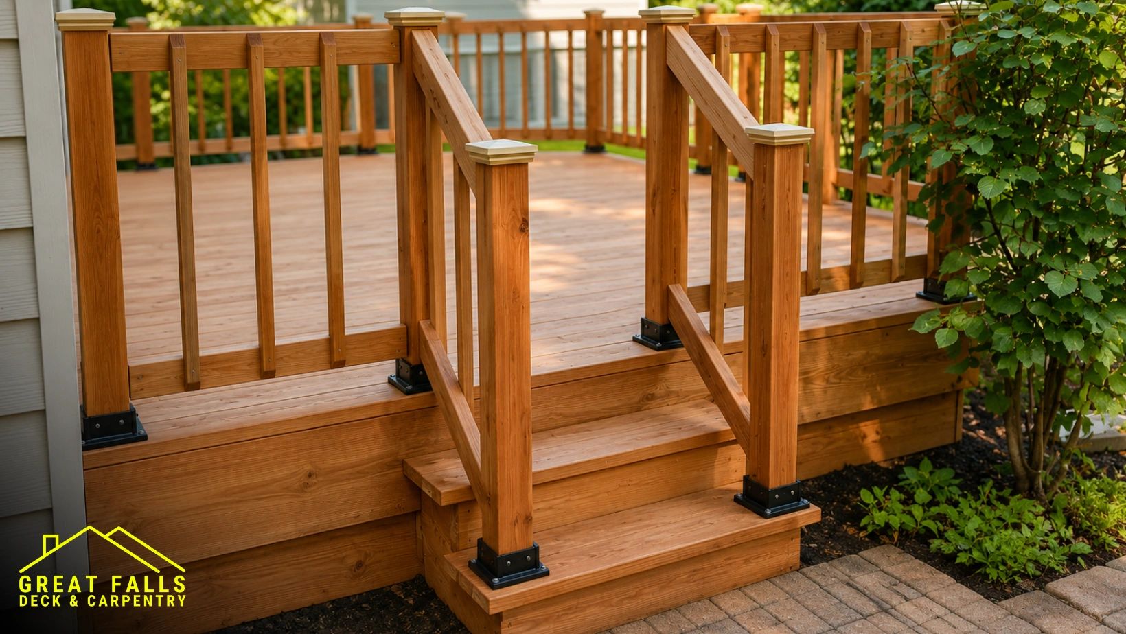 Newly built wooden deck with stairs and railing.