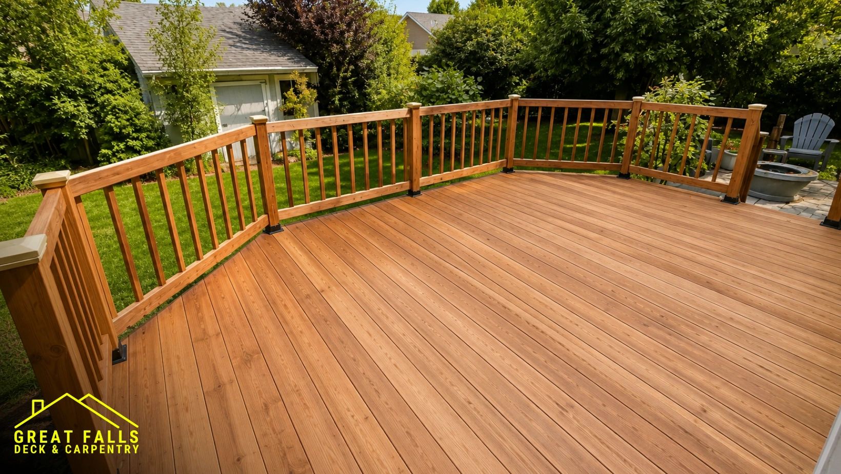 Newly constructed wooden deck with railing.