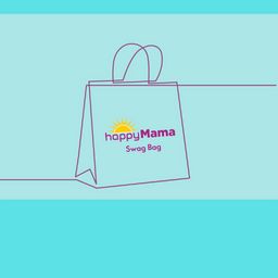 A stylish paper swag bag with a Happy Mama logo on a blue background.