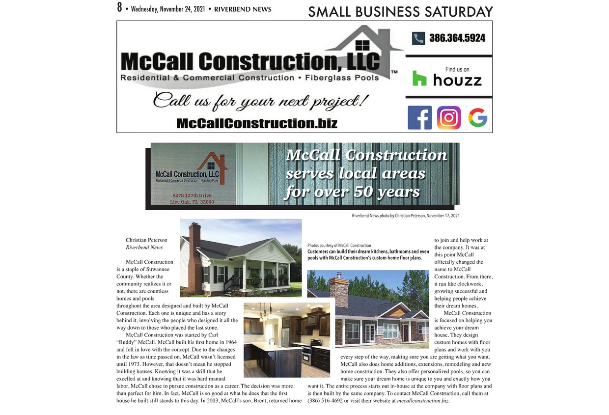 McCall Construction: Trusted local builder for over 50 years in Suwannee County.