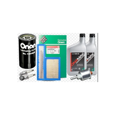 Onan engine maintenance kit with oil filter, spark plugs, air filters, oil, and fuel filter.