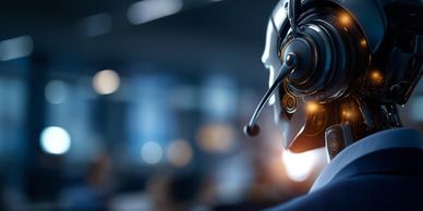 A futuristic robot wearing a headset in a dimly lit environment.