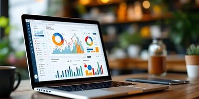 Laptop displaying colorful business charts and graphs on a wooden desk.