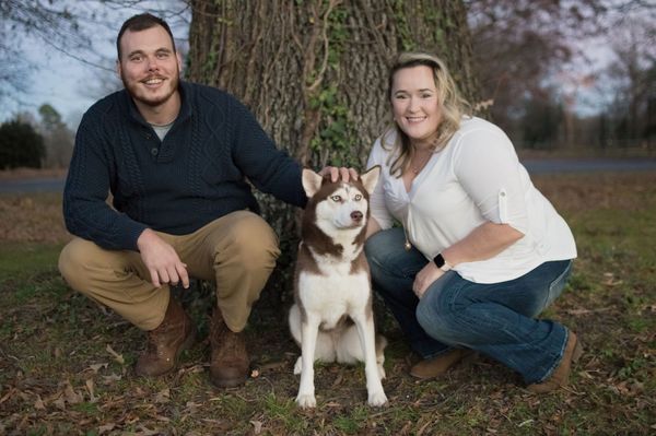 Luke, RoseMarie, and Coco. (Husband, wife, and red and white Siberian Husky dog.)
