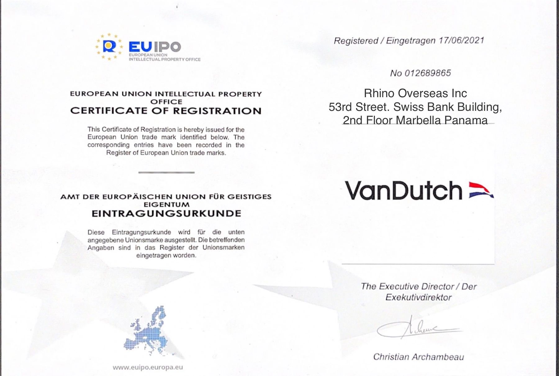 Vandutch Trademark Cert
