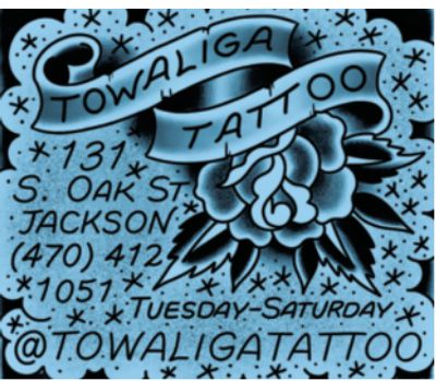 Advertisement for Towaliga Tattoo with contact and address details.