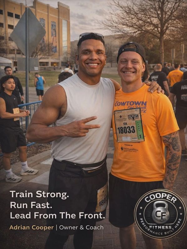 Two men smiling after a race, promoting Cooper Fitness.